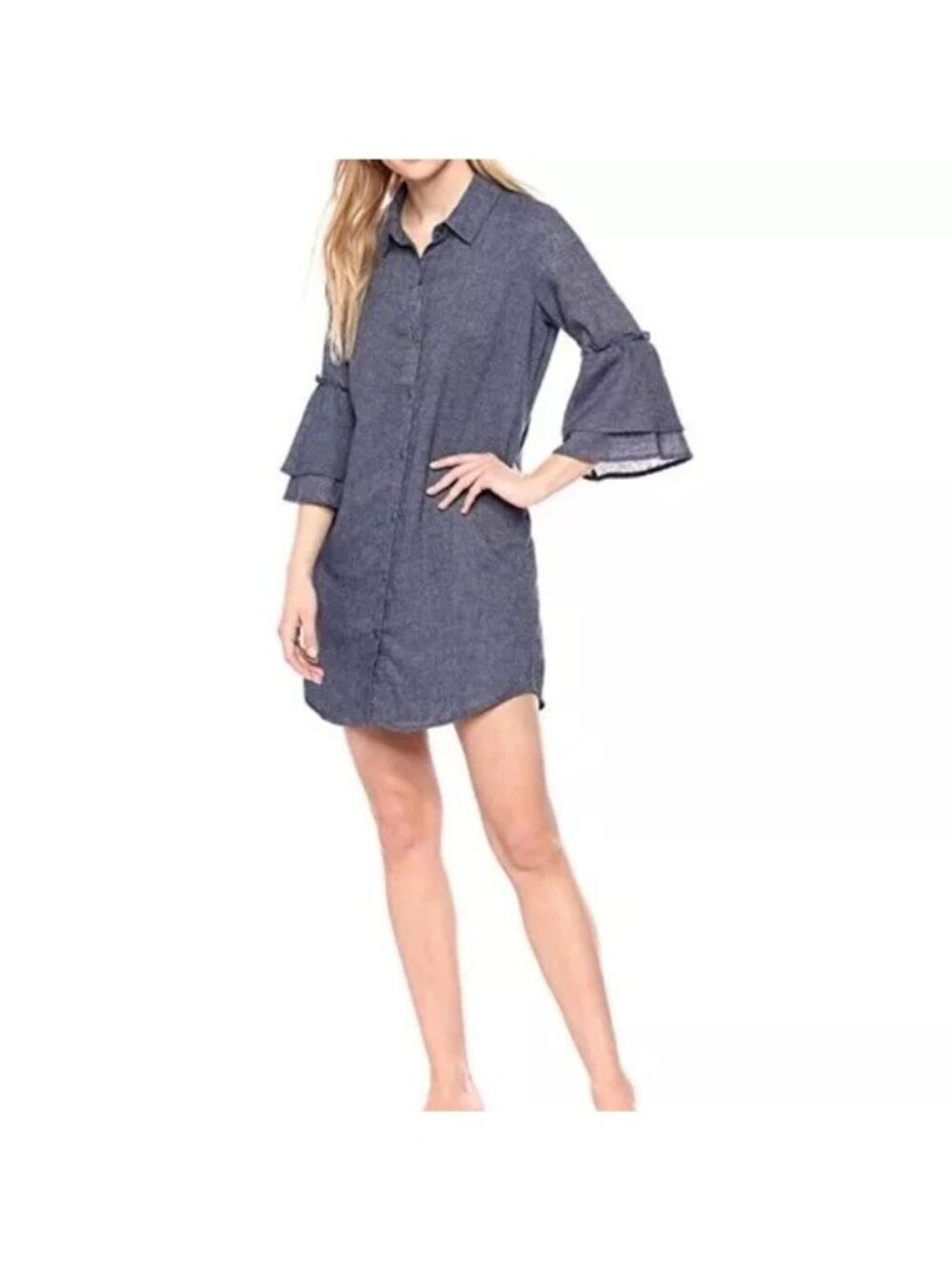 Splendid Shirt Dress Small Button Front Chambray Ruffle Sleeve Office Career